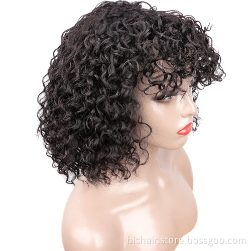 Black Women Laceless Wig Brazilian Wig with Bangs 150% Density Black water Wave hair Seamless Human Hair Wig Remy Hair Wholesale